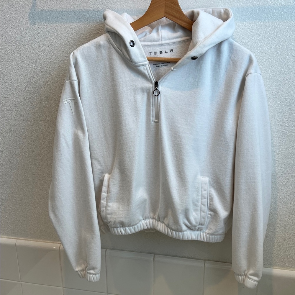 Tesla Women's White Half-Zip Hooded Sweatshirt